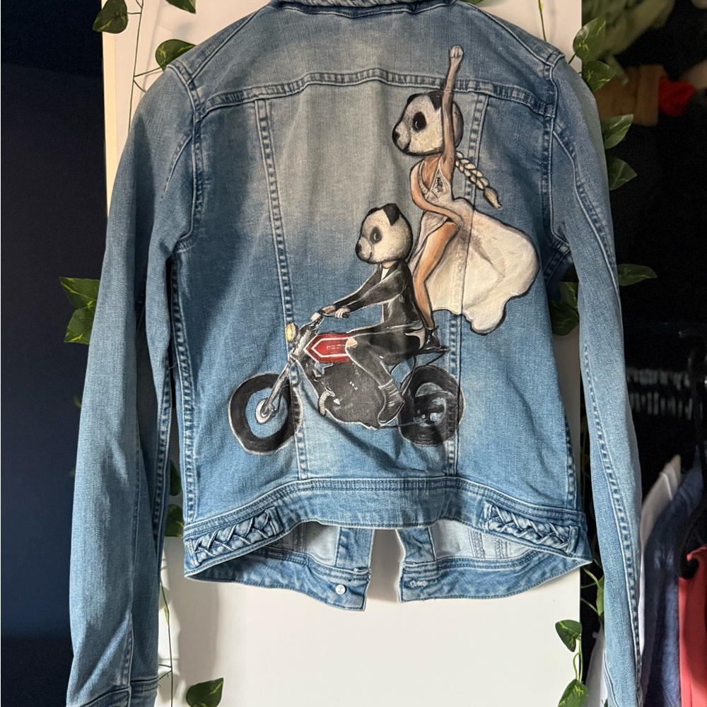 Hand-painted denim jean jacket washed blue Panda Bride Rider Motorcycle XS S M